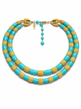 Crown Trifari 1950s Turquoise Gold Barrel Bead Necklace